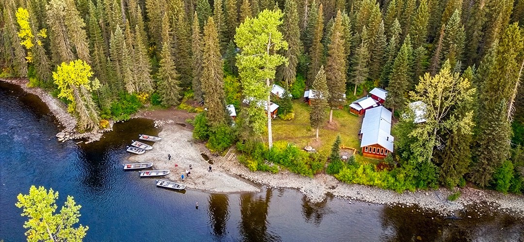 Aerial view of Babine Norlakes Steelhead Camp on the river