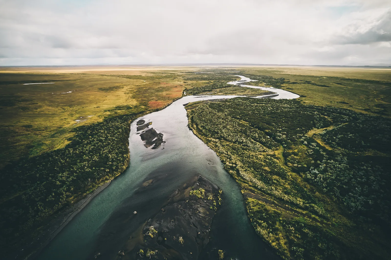A remote Alaskan river system flowing through untouched wilderness — wild steelhead and salmon habitat.