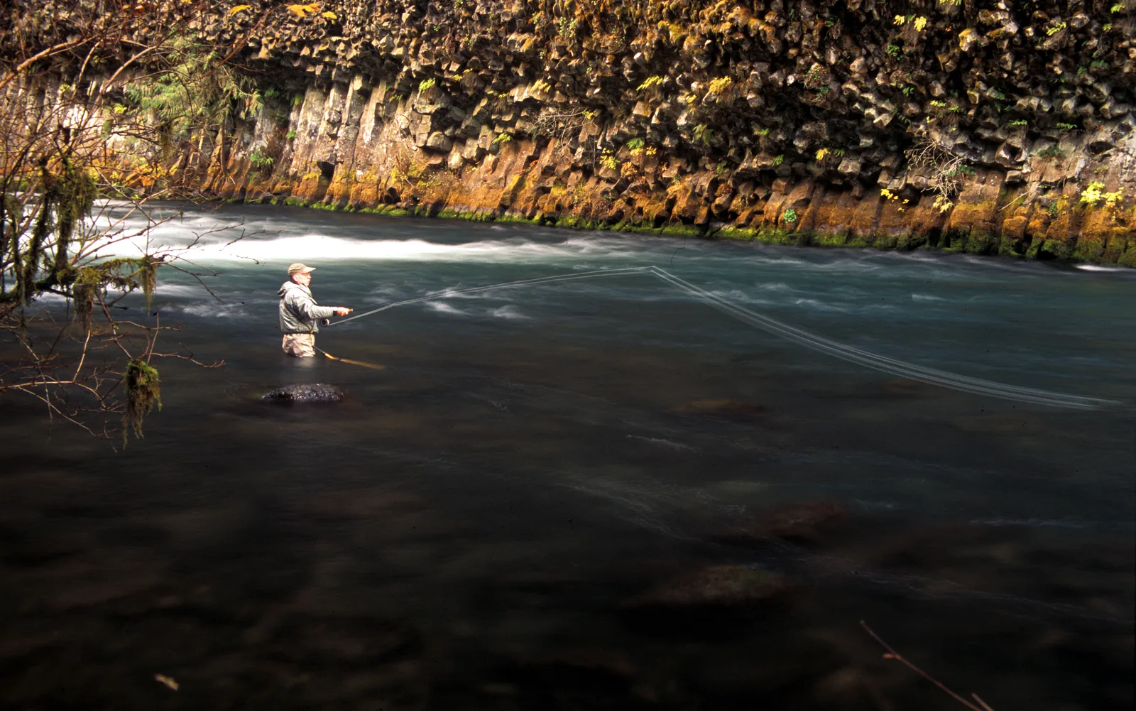 A solitary fly angler casting in the North Umpqua beneath a tall basalt wall hung with moss and ferns