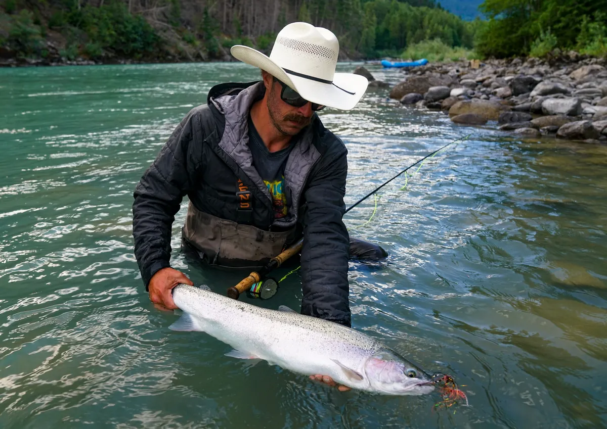 Nick Rowell standing waist deep in a green river, cradling a bright wild steelhead just above the surface before releasing it.