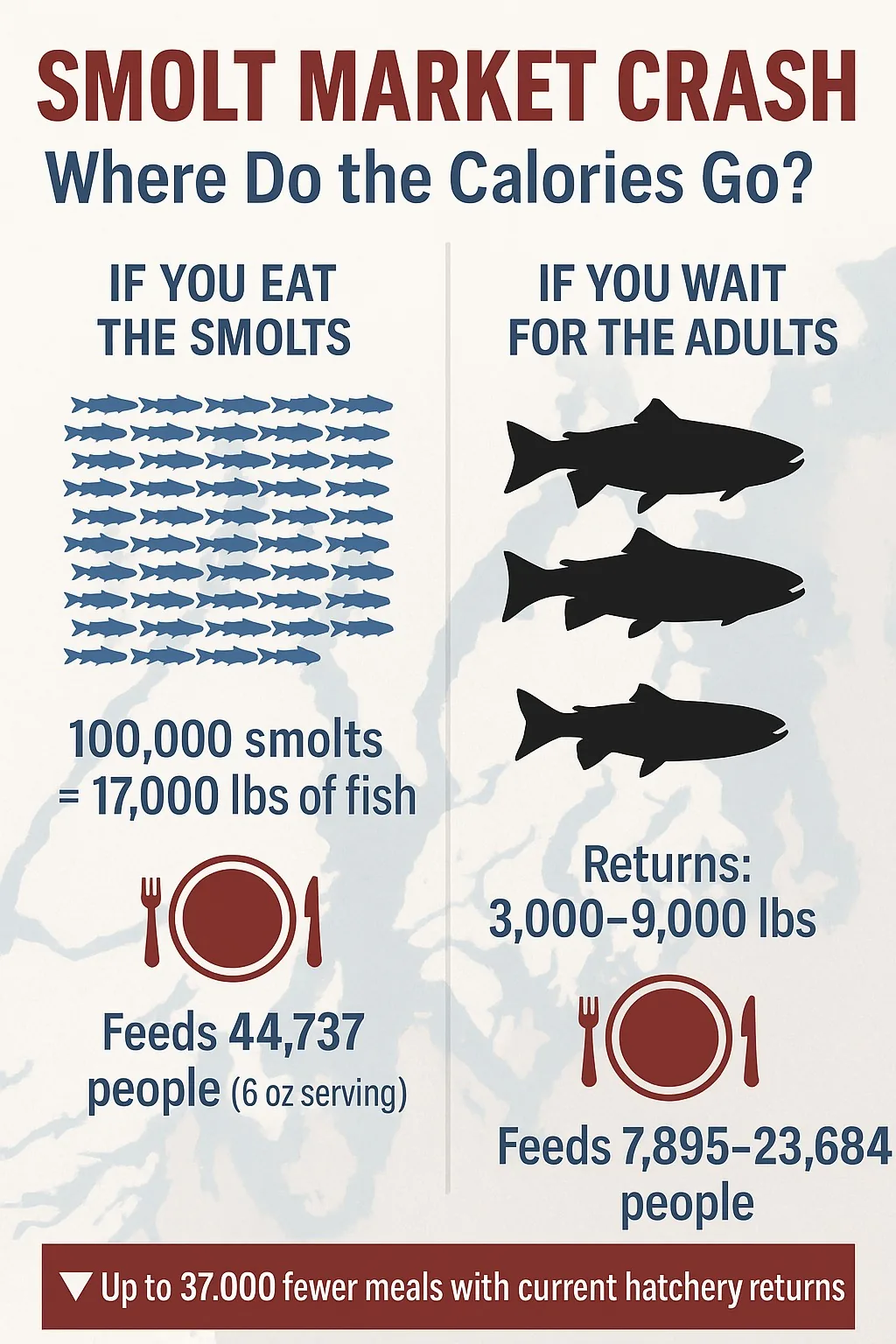 Infographic comparing meals produced by eating smolts vs. waiting for returning adults