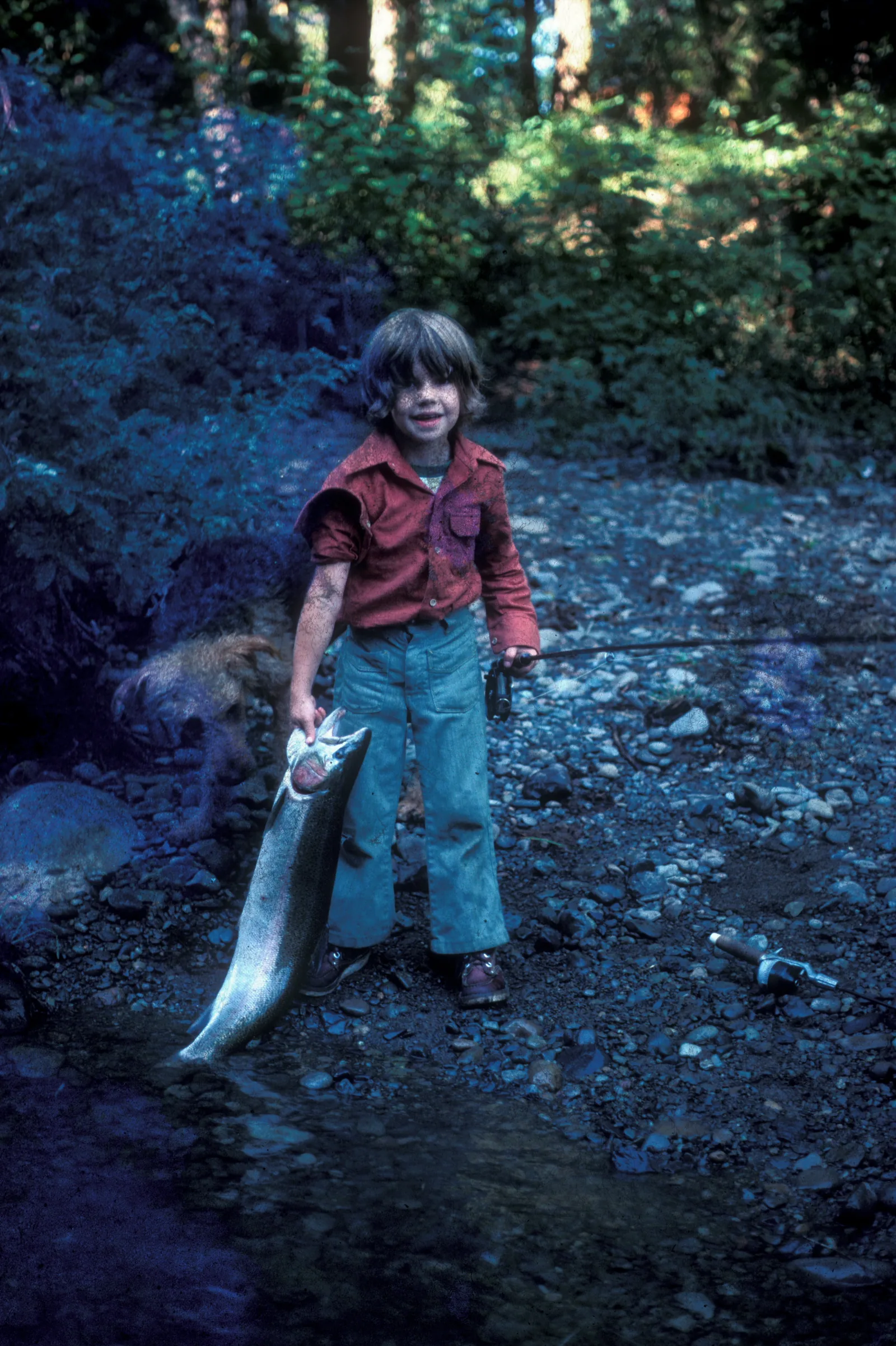 A young John McMillan, around five years old, standing on a forest stream gravel bar holding a steelhead nearly as tall as he is