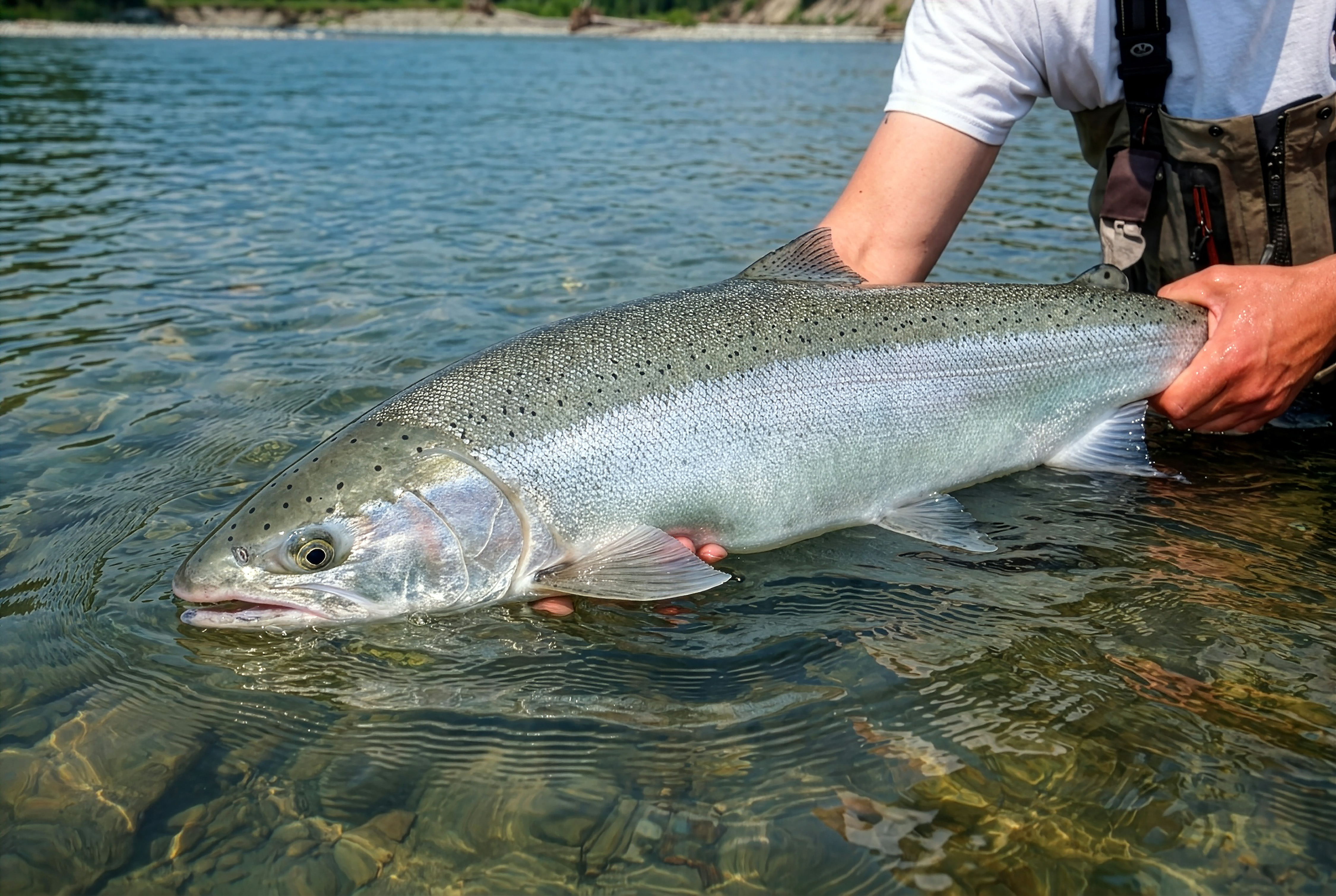 Bright summer steelhead hen being released